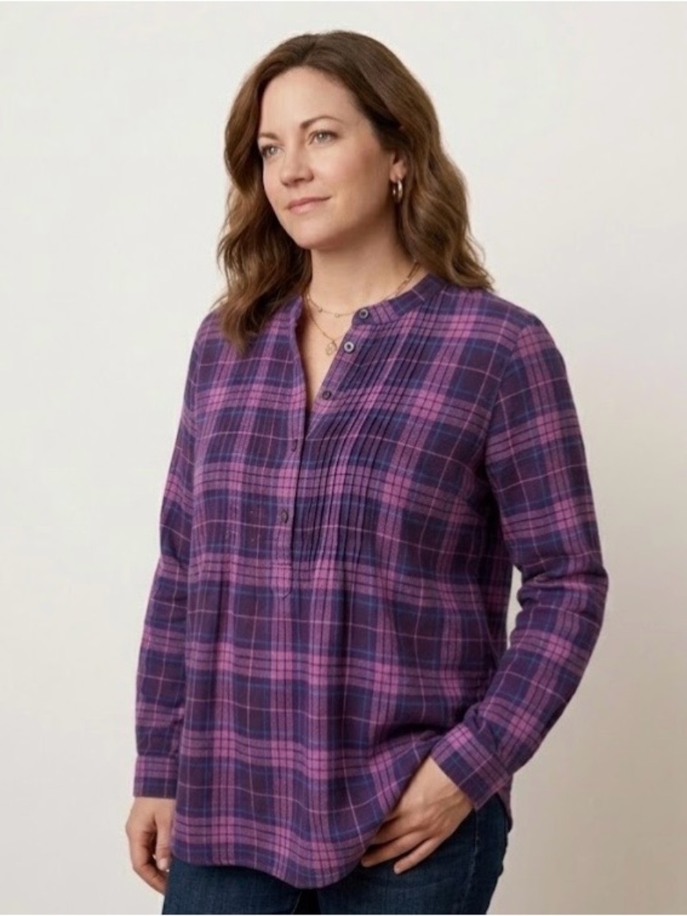 Lands’ End 100% Cotton Flannel Tunic Shirt Pintucked Plaid Purple Size 18